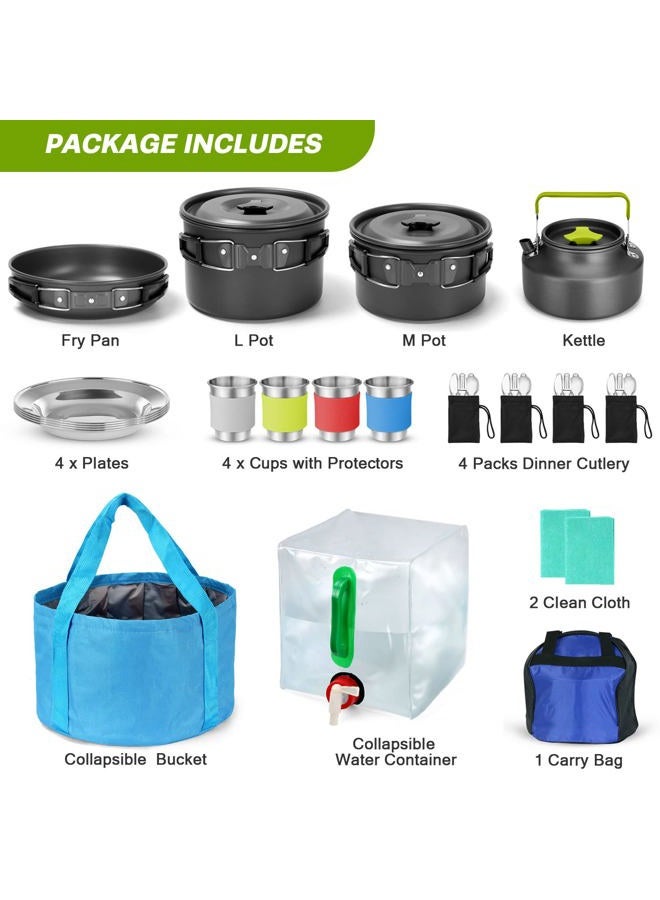 Odoland 29pcs Camping Cookware Mess Kit, Non-Stick Lightweight Pots Pan Kettle, Collapsible Water Container and Bucket, Stainless Steel Cups Plates Forks Knives Spoons for Outdoor Backpacking Picnic - Image 2