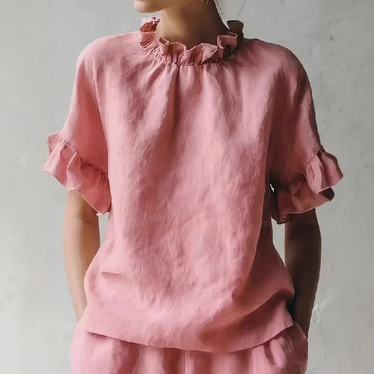Women's Vintage Ruffled Round Neck Short Sleeve T-Shirt - Image 2