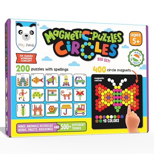 PLAY PANDA Magnetic Puzzle Set for Kids, Big Circles with 400 Magnetic Shapes with Magnetic Board,100 Puzzle Book & 200 Puzzle Patterns, Display Stand and Storage Tray Indoor Educational Toy - Image 1