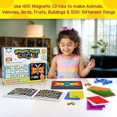 PLAY PANDA Magnetic Puzzle Set for Kids, Big Circles with 400 Magnetic Shapes with Magnetic Board,100 Puzzle Book & 200 Puzzle Patterns, Display Stand and Storage Tray Indoor Educational Toy - Image 3