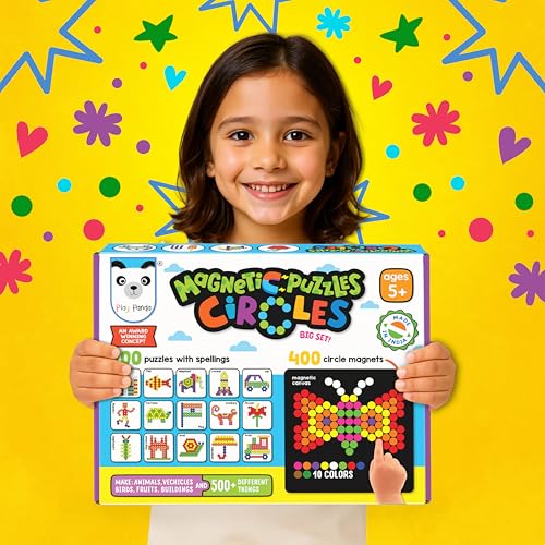 PLAY PANDA Magnetic Puzzle Set for Kids, Big Circles with 400 Magnetic Shapes with Magnetic Board,100 Puzzle Book & 200 Puzzle Patterns, Display Stand and Storage Tray Indoor Educational Toy - Image 5