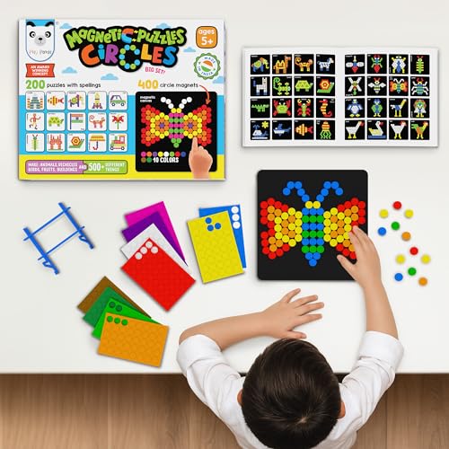 PLAY PANDA Magnetic Puzzle Set for Kids, Big Circles with 400 Magnetic Shapes with Magnetic Board,100 Puzzle Book & 200 Puzzle Patterns, Display Stand and Storage Tray Indoor Educational Toy - Image 2