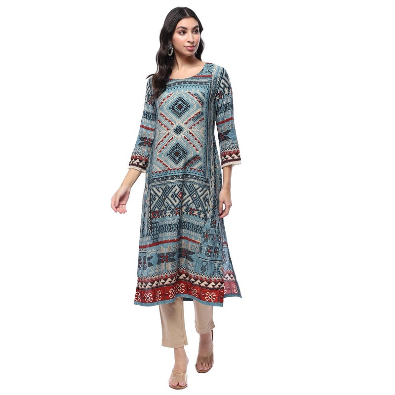 BIBA Blue Rayon Straight Kurta - Image 3