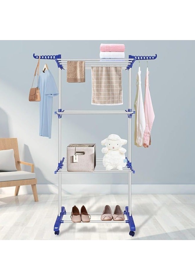 منشر غسيل قابل للطي من 3 طبقات من الستانلس ستيل مع اجنحة جانبية وعجلات داخلية، متعدد الألوان - Image 1