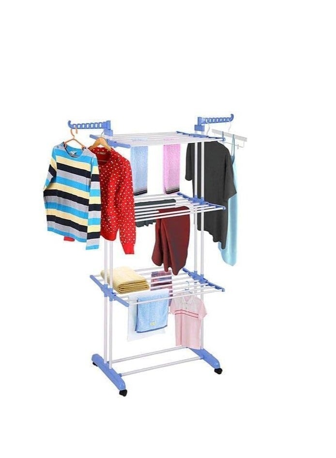 منشر غسيل قابل للطي من 3 طبقات من الستانلس ستيل مع اجنحة جانبية وعجلات داخلية، متعدد الألوان - Image 2