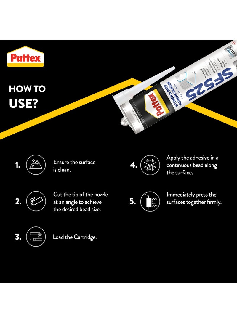 باتكس مانع تسرب السيليكون الفاخر للمطبخ والحمام من باتكس Sf525، مقاوم للعفن، مثالي للاستحمام والمراحيض والبلاط، مانع تسرب سهل للحمامات 1X280 مل - Image 3