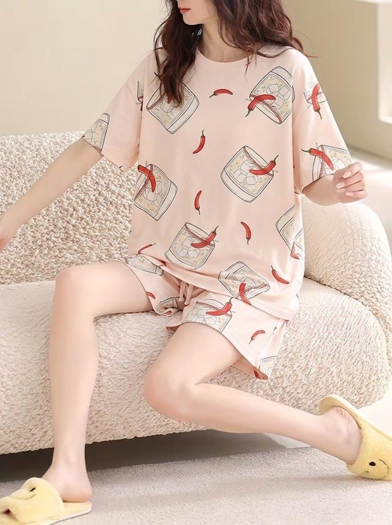 SMOWKLY Korean Night Dress || Shorts Set ||Korean Nightsuit || Women Nightwear ||Round Neck Half Sleeve Nightsuit || Loungewear || Everyday Nightdress(1669_PCH_L Peach - Image 2