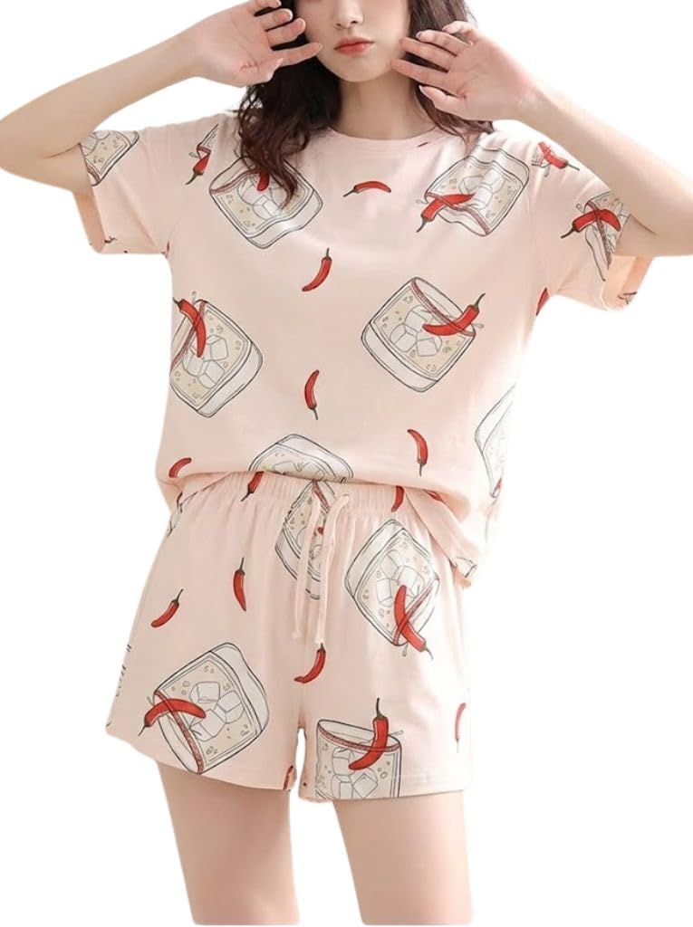 SMOWKLY Korean Night Dress || Shorts Set ||Korean Nightsuit || Women Nightwear ||Round Neck Half Sleeve Nightsuit || Loungewear || Everyday Nightdress(1669_PCH_L Peach - Image 1