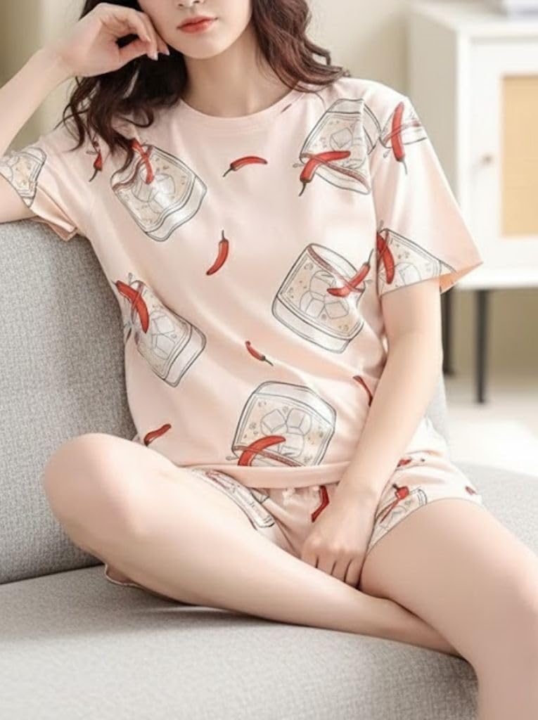 SMOWKLY Korean Night Dress || Shorts Set ||Korean Nightsuit || Women Nightwear ||Round Neck Half Sleeve Nightsuit || Loungewear || Everyday Nightdress(1669_PCH_L Peach - Image 4