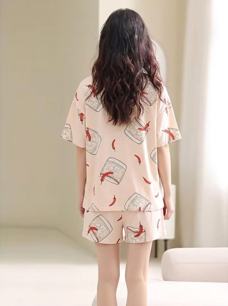 SMOWKLY Korean Night Dress || Shorts Set ||Korean Nightsuit || Women Nightwear ||Round Neck Half Sleeve Nightsuit || Loungewear || Everyday Nightdress(1669_PCH_L Peach - Image 3