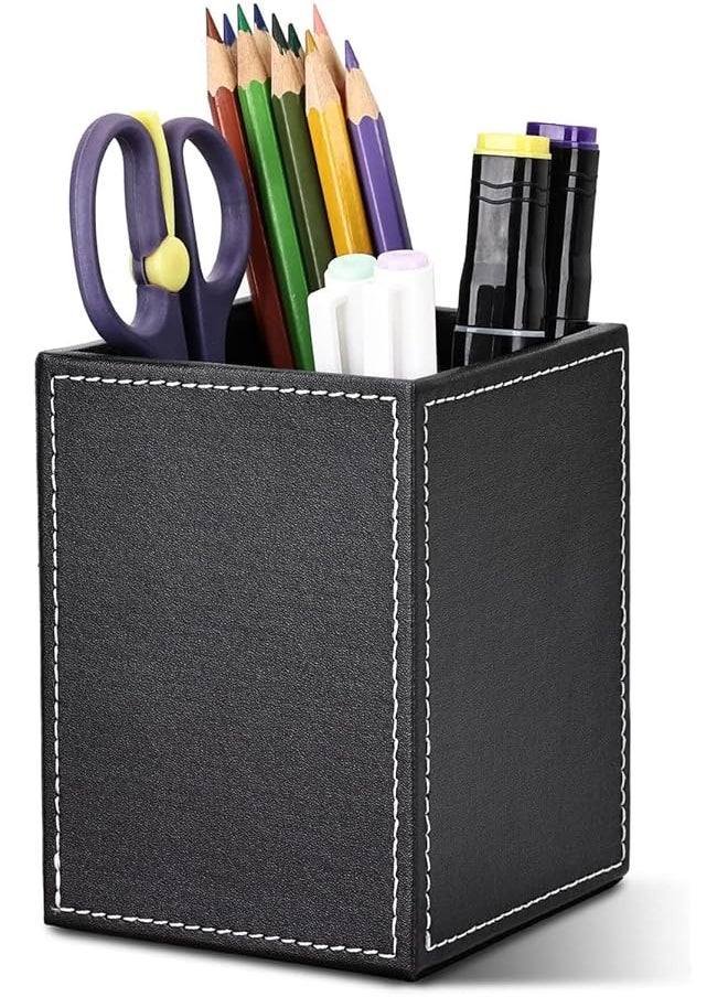 X spring Pu Leather Square Pen Holder Pencil Cups Desk Accessories Organizer Office Stationery Supplies Organizer Pens Organizer For Desk Pencils Holder Cup For Office Supplies Organized Black  - Image 1