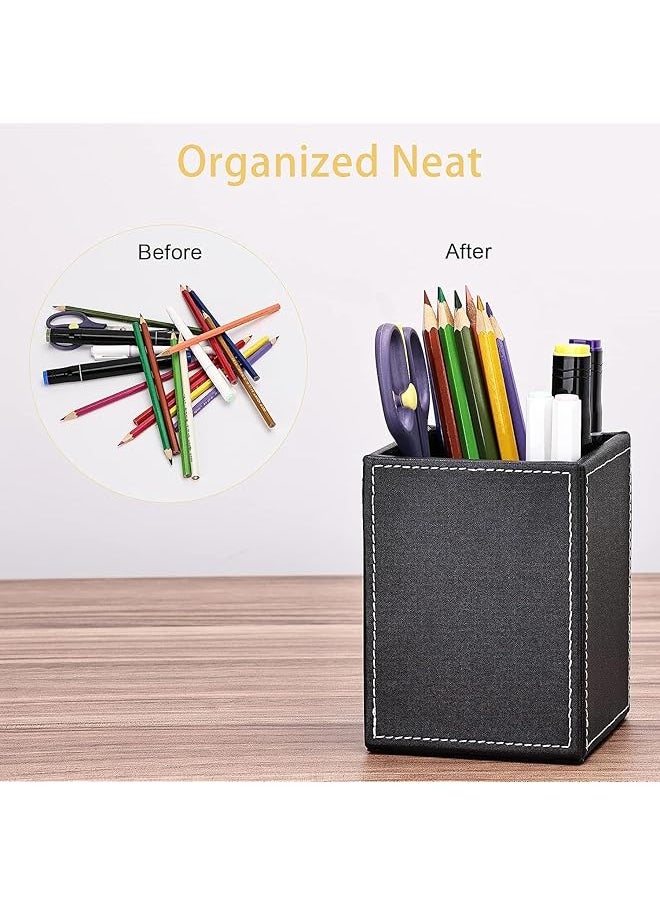 X spring Pu Leather Square Pen Holder Pencil Cups Desk Accessories Organizer Office Stationery Supplies Organizer Pens Organizer For Desk Pencils Holder Cup For Office Supplies Organized Black  - Image 4