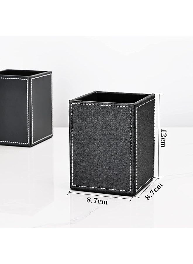 X spring Pu Leather Square Pen Holder Pencil Cups Desk Accessories Organizer Office Stationery Supplies Organizer Pens Organizer For Desk Pencils Holder Cup For Office Supplies Organized Black  - Image 3