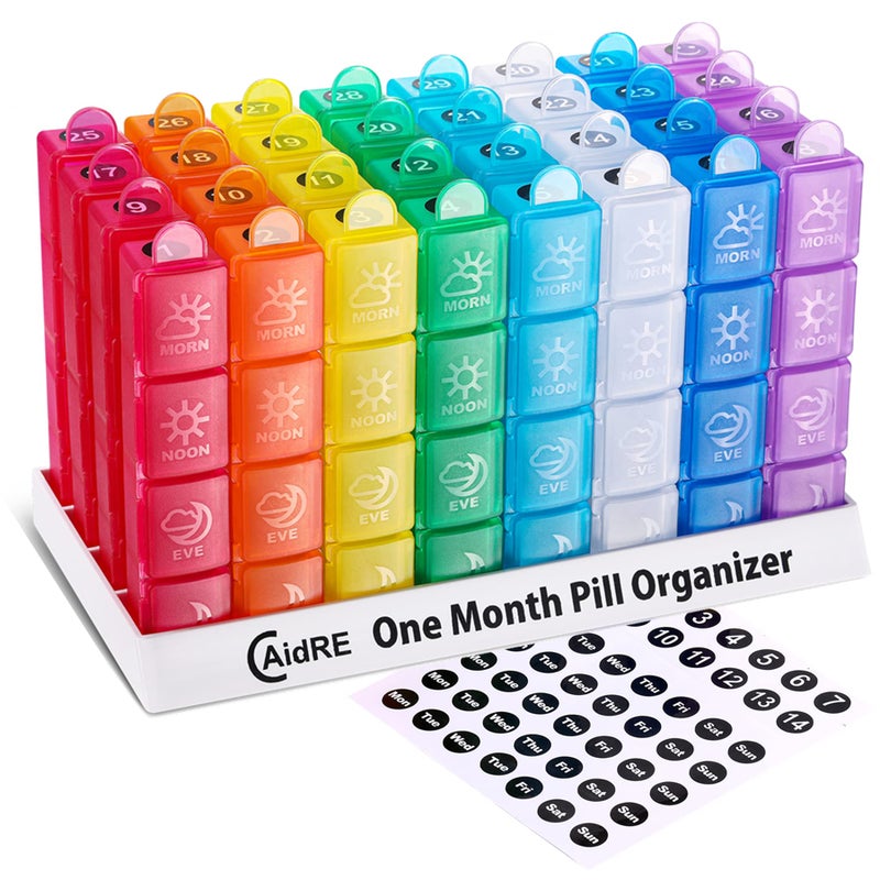 CAidRE Monthly Pill Organizer 4 Times A Day, One Month Pill Organizer, Monthly Pill Box Organizer with 32 Daily Compartments for Fish Oil, Vitamins, Supplements and Medications, 31 Day Pill Case - Image 1