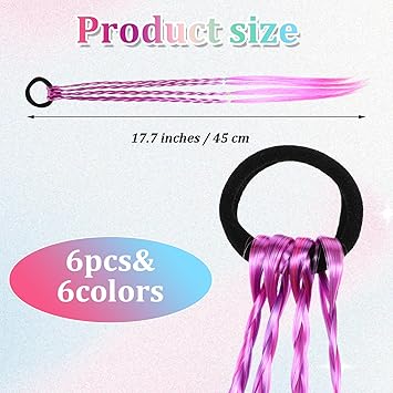 Dimeho 6 Pcs Braids Hair Extensions Colorful Rainbow Braided Rubber Bands Wig Braid Hair Rope Cosplay Ponytail Holders Hairpieces Styling Accessories for Women Party Dress Up - Image 2