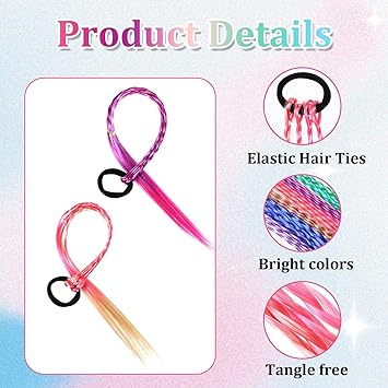Dimeho 6 Pcs Braids Hair Extensions Colorful Rainbow Braided Rubber Bands Wig Braid Hair Rope Cosplay Ponytail Holders Hairpieces Styling Accessories for Women Party Dress Up - Image 3