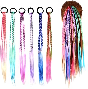 Dimeho 6 Pcs Braids Hair Extensions Colorful Rainbow Braided Rubber Bands Wig Braid Hair Rope Cosplay Ponytail Holders Hairpieces Styling Accessories for Women Party Dress Up - Image 1
