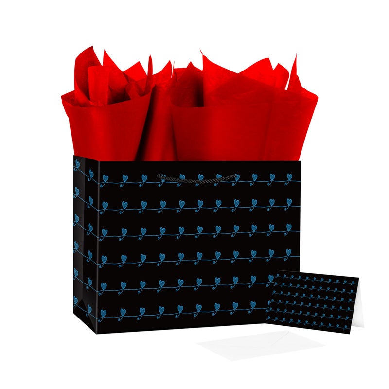Linelglobal Black Gift Bag with Heart-Shaped Iines Comes with Tissues, Card, Envelope, Label and A Cute Sticker for Gathering, Garty, Gift-giving, Valentine's Day - Image 1