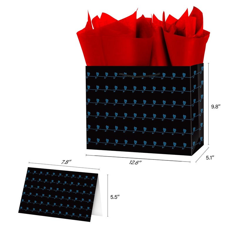 Linelglobal Black Gift Bag with Heart-Shaped Iines Comes with Tissues, Card, Envelope, Label and A Cute Sticker for Gathering, Garty, Gift-giving, Valentine's Day - Image 2