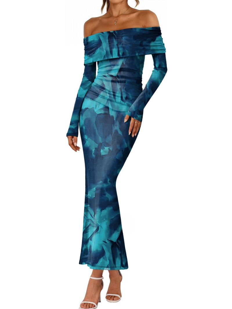 LILLUSORY Wedding Guest Off The Shoulder Holiday Dresses for Women 2026 Spring Fall Winter Bodycon Floral Long Sleeve Maxi Cocktail Going Out Party Formal Dresses Lake Blue M - Image 1