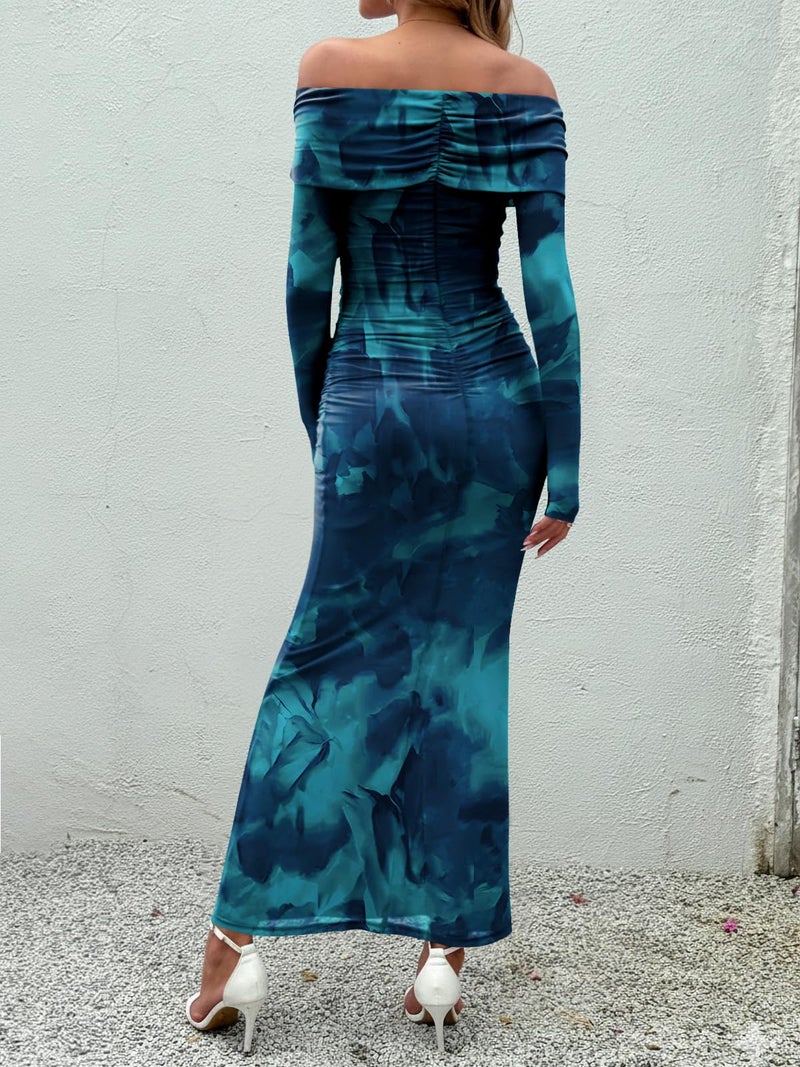 LILLUSORY Wedding Guest Off The Shoulder Holiday Dresses for Women 2026 Spring Fall Winter Bodycon Floral Long Sleeve Maxi Cocktail Going Out Party Formal Dresses Lake Blue M - Image 4