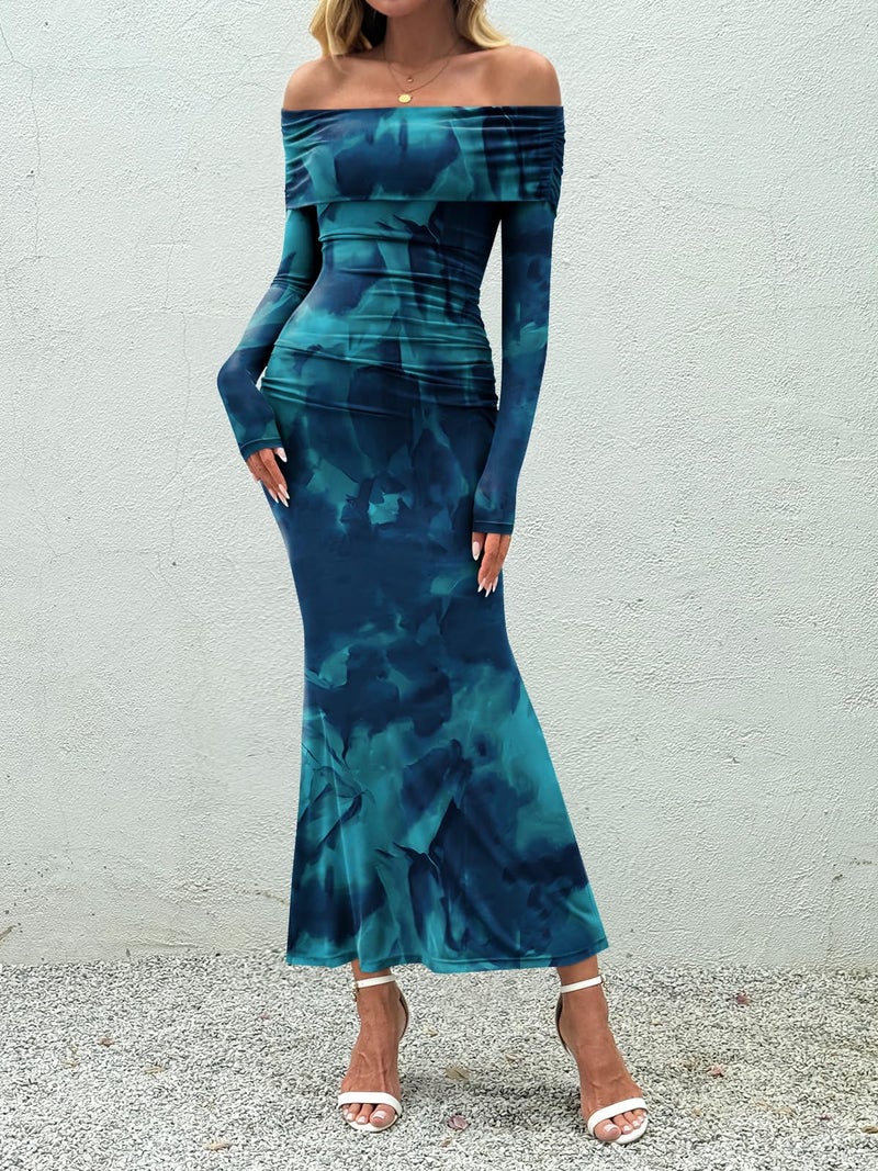 LILLUSORY Wedding Guest Off The Shoulder Holiday Dresses for Women 2026 Spring Fall Winter Bodycon Floral Long Sleeve Maxi Cocktail Going Out Party Formal Dresses Lake Blue M - Image 2