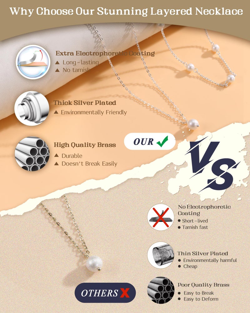 TEN MIRO Imitation Pearl Necklaces for Women Trendy, DaintySilver Plated Layered Necklaces for Women Silver Plated Necklace Stack Layering Imitation Pearl Choker Necklace Stackable Jewelry Gifts - Image 2