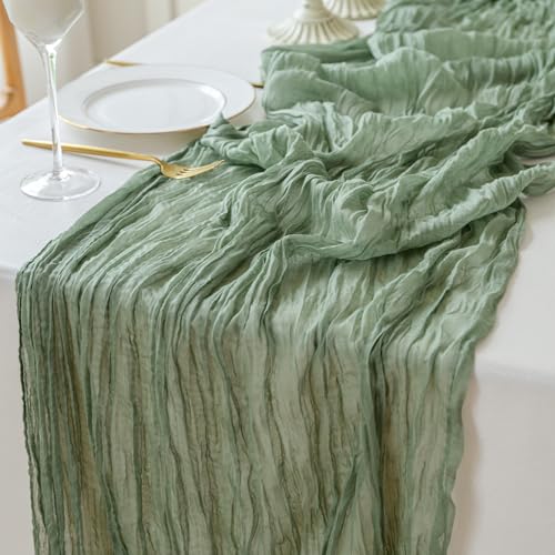 Sioloc 1 Pack Sage Green Cheesecloth Table Runner Fall Autumn Decor for Home 10ft Table Cloth for Tea Wedding Birthday Party Baby Bridal Shower Halloween Thanksgiving - Image 1