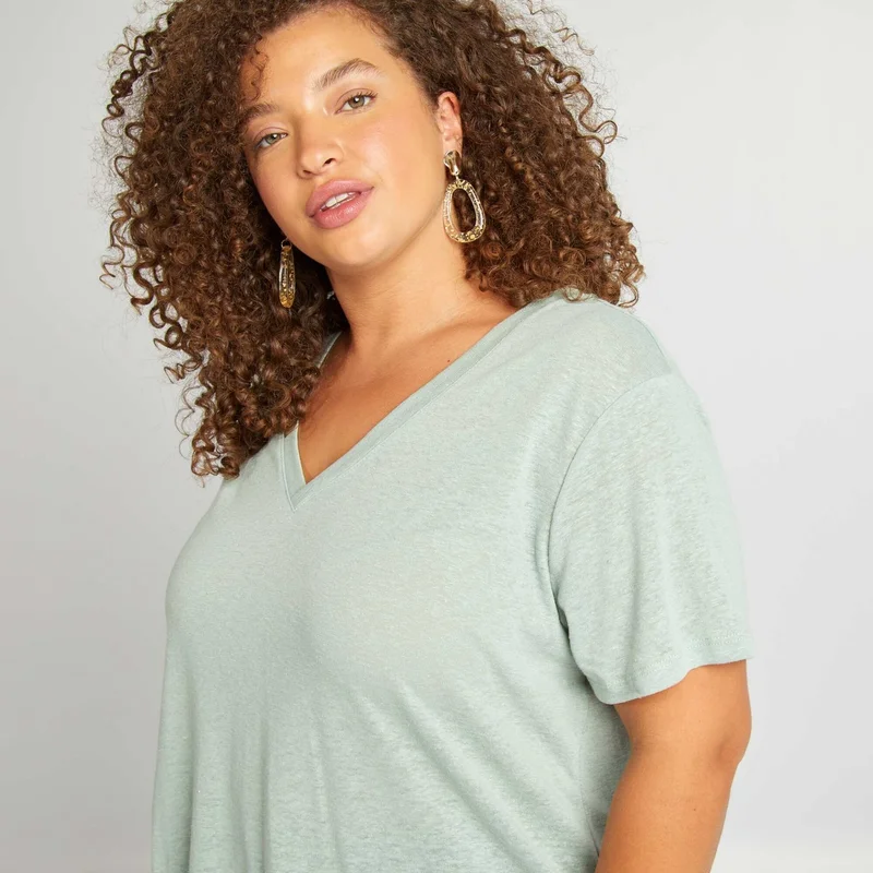 Kiabi Linen Blend V-Neck T-Shirt Green
