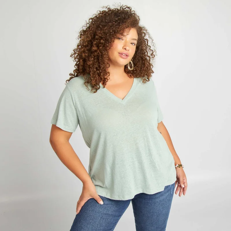 Kiabi Linen Blend V-Neck T-Shirt Green