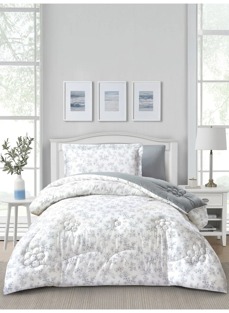 Donetella Cotton 4-Piece Single Comforter Bedding Set Fits 140x200 cm – 350 GSM Filling with Fitted Sheet, Pillow Shams & Pillowcases, Stylish Printed Elegance