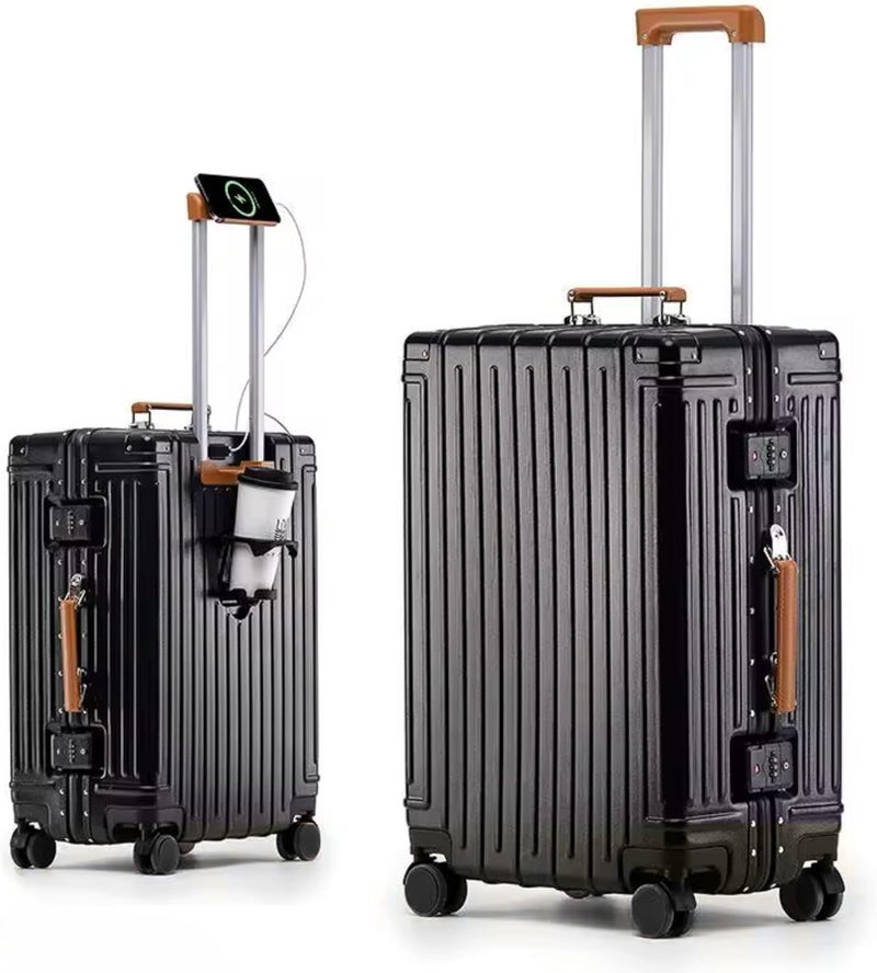 TEREPLUS® Check-In 24-inch Luggage Travel Suitcase with Aluminium Frame Zipperless Cup Holder USB Port Charging Lightweight Silent Wheels Cabin Bag Amby2 (Black & Mocha, 24-inch) - Image 1