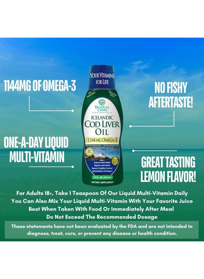Tropical Oasis - Icelandic Cod Liver Oil | Maximum Strength 1144mg of Liquid Wild-Caught Natural Omega-3 Fish Oil (Lemon Flavor, 90 Servings) - Image 1