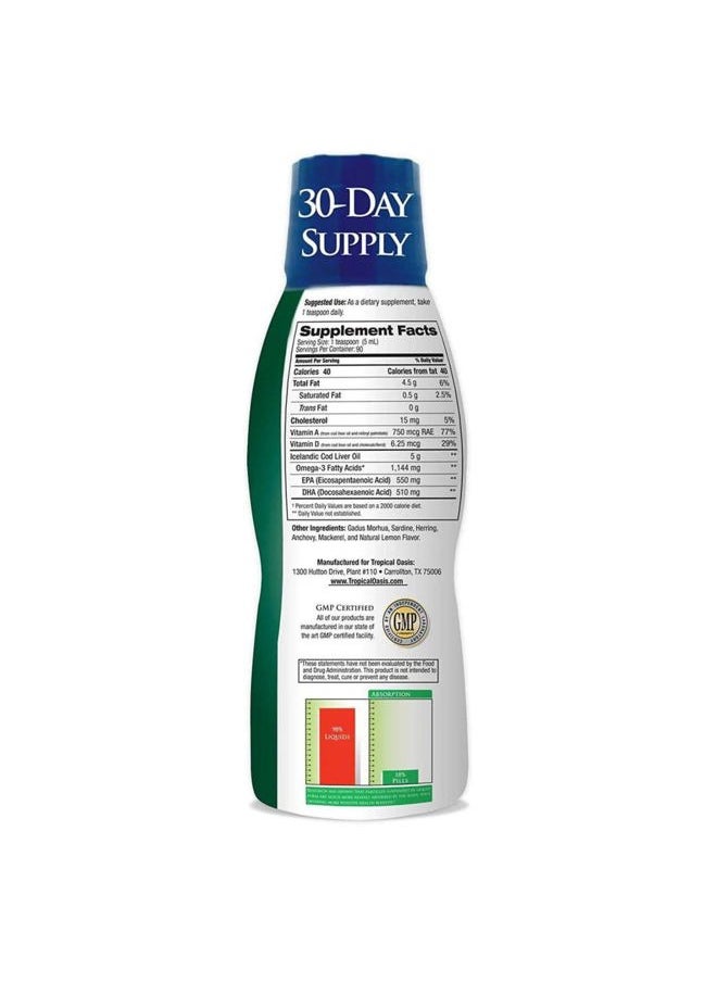 Tropical Oasis - Icelandic Cod Liver Oil | Maximum Strength 1144mg of Liquid Wild-Caught Natural Omega-3 Fish Oil (Lemon Flavor, 90 Servings) - Image 1