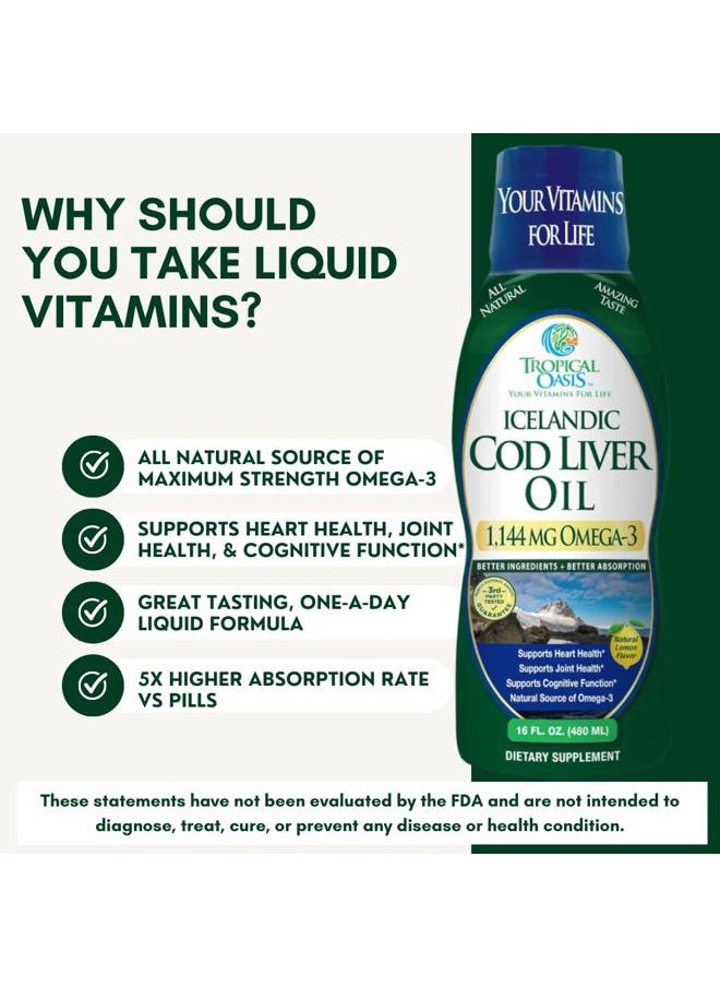 Tropical Oasis - Icelandic Cod Liver Oil | Maximum Strength 1144mg of Liquid Wild-Caught Natural Omega-3 Fish Oil (Lemon Flavor, 90 Servings) - Image 1