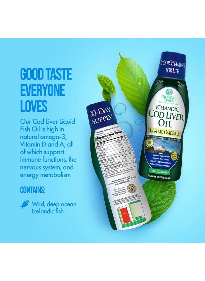 Tropical Oasis - Icelandic Cod Liver Oil | Maximum Strength 1144mg of Liquid Wild-Caught Natural Omega-3 Fish Oil (Lemon Flavor, 90 Servings) - Image 1
