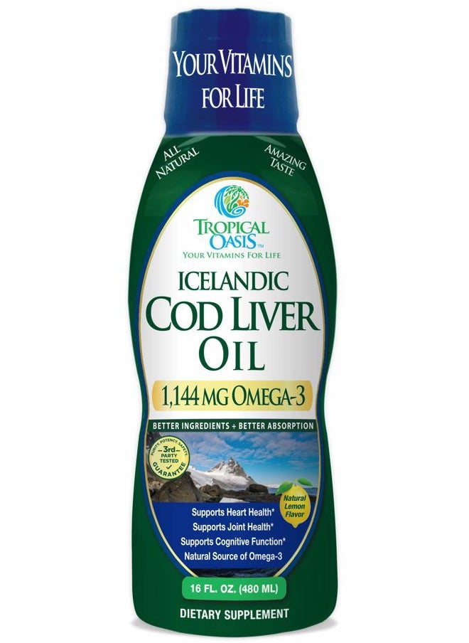 Tropical Oasis - Icelandic Cod Liver Oil | Maximum Strength 1144mg of Liquid Wild-Caught Natural Omega-3 Fish Oil (Lemon Flavor, 90 Servings) - Image 1