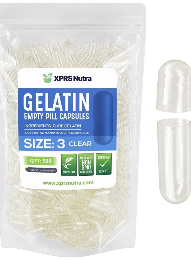 XPRS Nutra Size 3 Empty Capsules - 500 Count Empty Gelatin Capsules - Clear Empty Pill Capsules - DIY Capsule Filling - Pure Bovine Pill Capsules Empty Gel Caps - Image 1