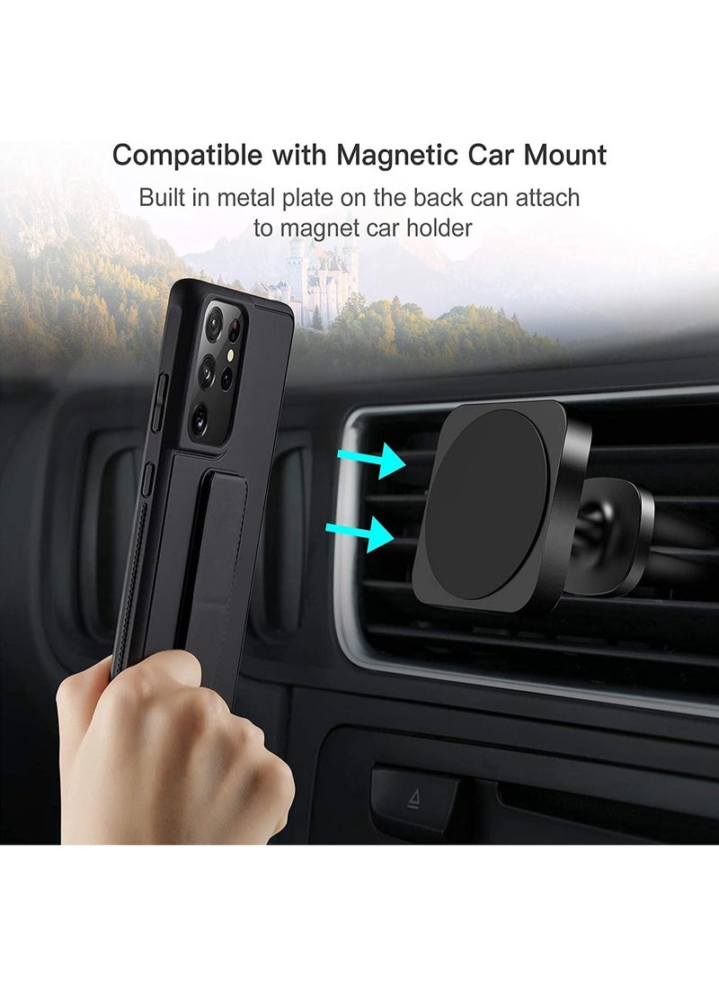 Samsung Galaxy S25 Ultra Case Cover Magnetic Car Mount Kickstand & Holder, Premium Silicone Vertical & Horizontal Hand Strap and Grip with Multi Stand for Samsung Galaxy S25 Ultra (Black)