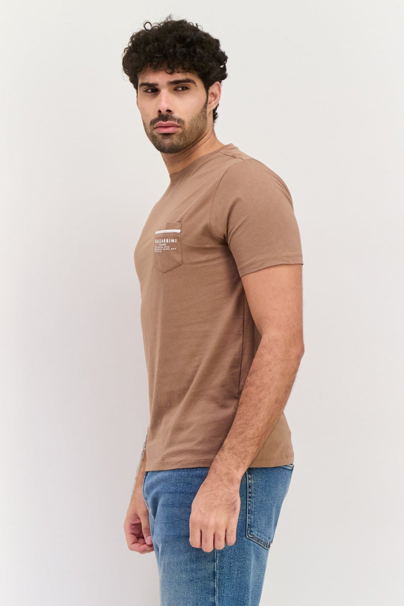 Gazzarrini Men Round Neck Graphic Print Short Sleeves T-shirt, Tan - Image 3