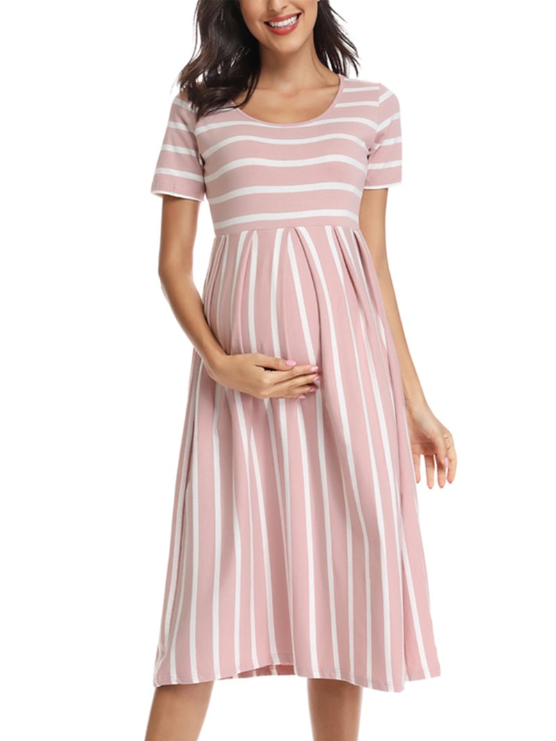 BBHoping Womenâ€™s Casual Striped Maternity Dress Short Knee Length Pregnancy Clothes for Baby Shower - Image 1