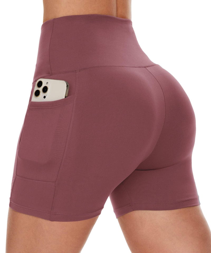 CAMPSNAIL Biker Shorts Women with Pockets - 3"/5"/8" High Waisted Workout Spandex Tummy Control Gym Running Yoga Shorts Dark Pink - Image 1