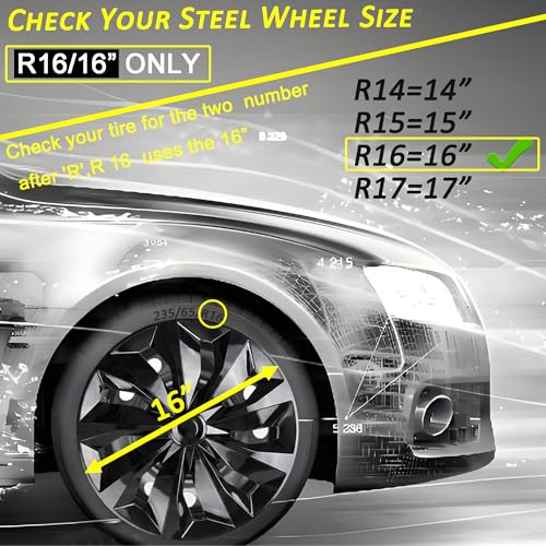 Aiqiying Hubcaps Wheel Cover Replacement R16 Size Hub Cap Universal-Fit Steel Wheel Rim Caps ABS Tire Covers for Most Cars Trucks Sedans SUV -Set of 4（16-inch，Black） - Image 3