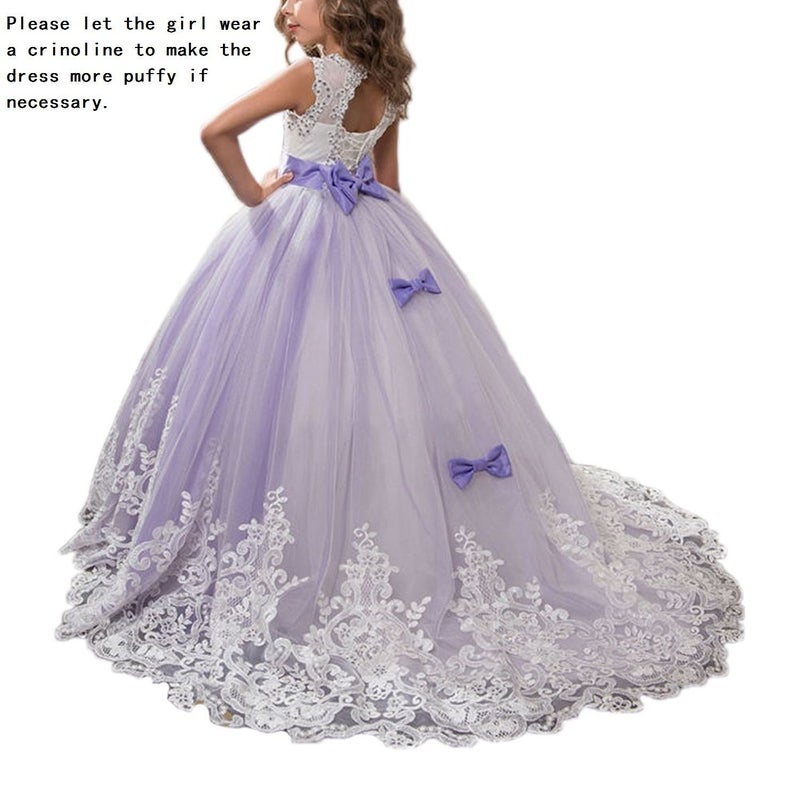 WDE Princess Lilac Long Girls Pageant Dresses Kids Prom Puffy Tulle Ball Gown (White, 8-9) - Image 4