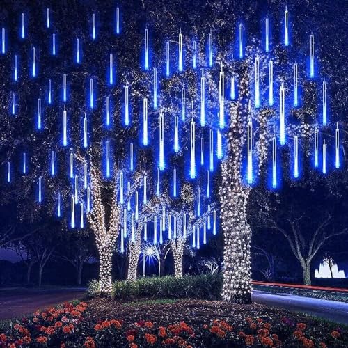 XERGY Meteor Lights 8 Tube 192 LED 12 Inch Waterproof Plug in Falling Rain Fairy String Lights for Diwali Lights for Decoration for Home Holiday Party Patio Outdoor Tree Decorations, Blue - Image 1