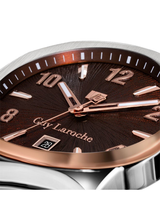 غاي لاروش ساعة رجالي سويسرية كوارتز تشارلي 45.5 ملم بقرص بني منقوش وسوار ستانلس ستيل ذهبي وردي بلونين وزجاج سافاير - Image 3