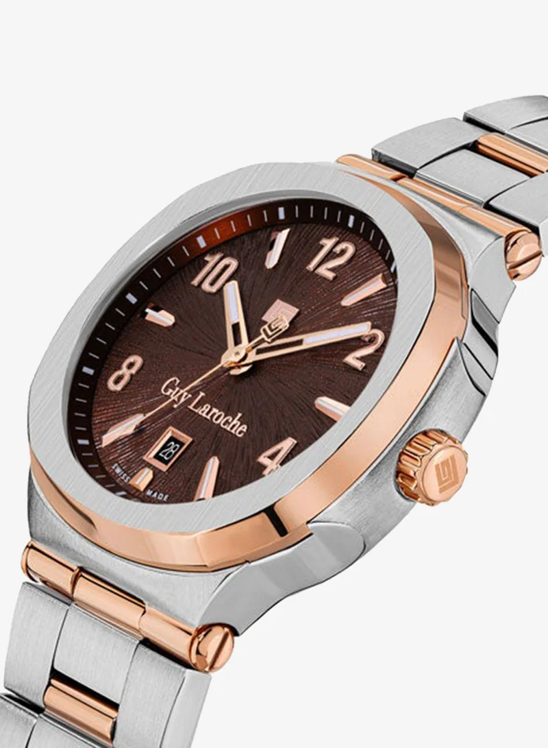 Guy Laroche Charlie 45.5mm Gents Swiss Quartz Watch with Brown Patterned Dial, Two-Tone Rose Gold Stainless Steel Bracelet & Sapphire Glass