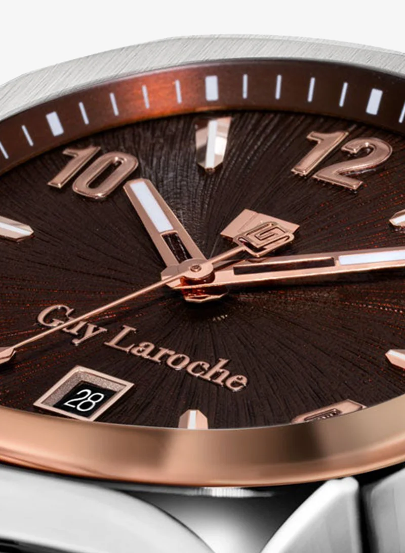 Guy Laroche Silver/Rose Gold Plated  1 Charlie 45.5mm Gents Swiss Quartz Watch with Brown Patterned Dial, Two-Tone Rose Gold Stainless Steel Bracelet & Sapphire Glass for Men | Best Price UAE