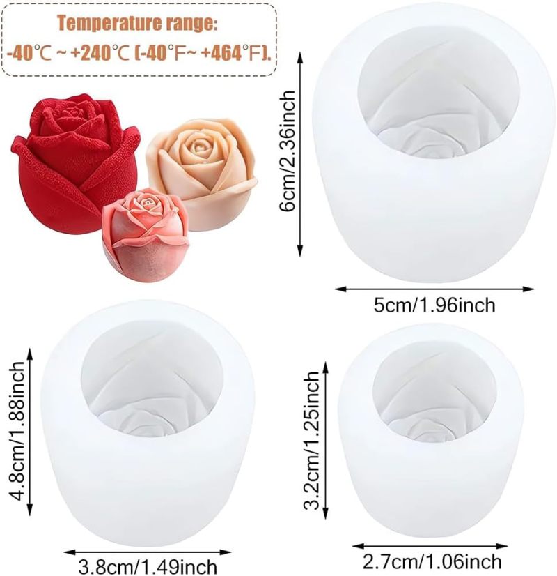 Rose Silicone Molds 3-Piece White Set 32mm 48mm 60mm Food-Safe Durable Silicone - Easy Release Realistic Rose Details for Home Crafters Bakers Valentine's Day Wedding Crafts - Image 2