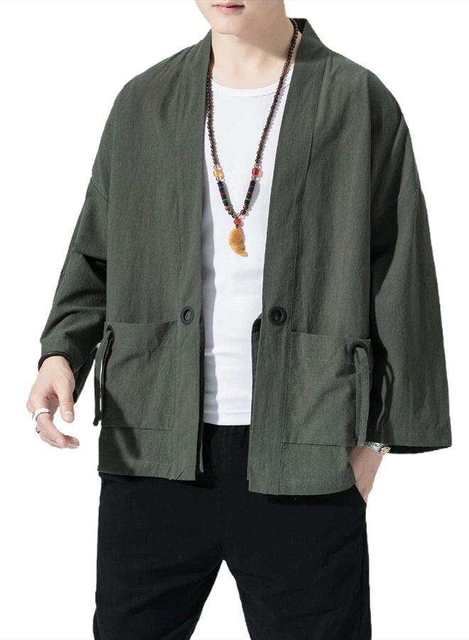 Ambcol Men's Japanese Kimono Cardigan Loose Cotton Linen 3/4 Sleeve Open Front Casual Summer Shirt Jackets 01- Army Green Medium  - Image 1